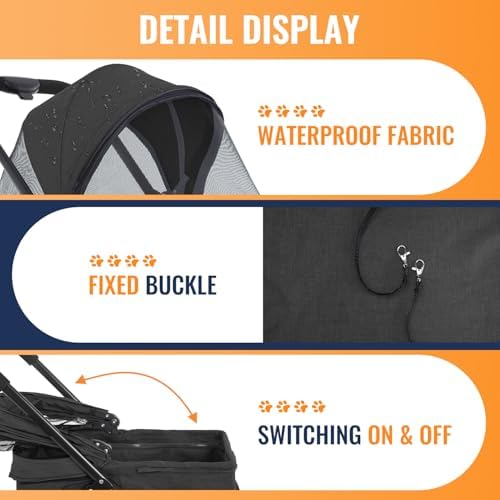 FDW 4-Wheels Multi-Function Dog Stroller Jogger with Detachable Carrier, Lightweight Travel Stroller for Small & Medium Pets, Black - Image 3