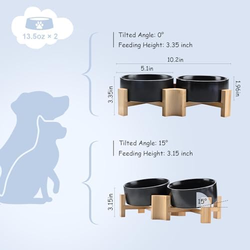 SPUNKYJUNKY 15° Slanted Ceramic Dog and Cat Bowl with Wooden Stand, Tilted Bulldog Food and Water Bowl No Slip Non-Spill for Cats Medium Dogs Big Face Pets 13.5 OZ (1.7 Cups, Black × 2) - Image 4