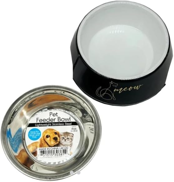 Alexie Inc Pet Feeder Bowls, 4.5 Inch Stainless Steel, Small Dogs and Cats, Non-Slip Base, Black