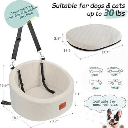 Lealchum Dog Car Seat for Small Dogs Up to 30 Lbs,Ultra Soft Fabric Fill in Comfy Memory Foam,Happy Pet Ride,2 Safety Dog Leashes,Fully Detachable and Washable,Anti Slip Base(Beige) - Image 2