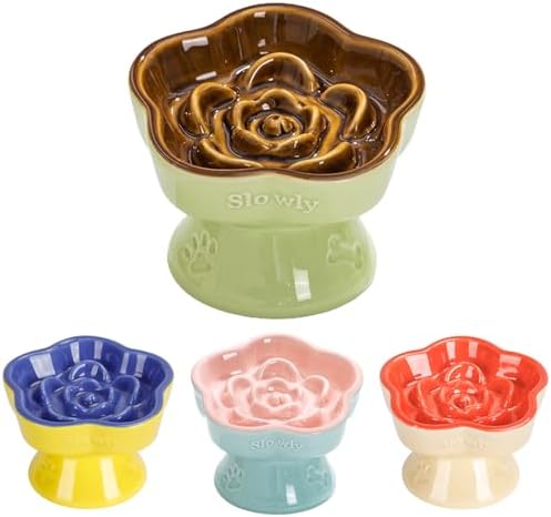 S&Q's CERAMICS Raised Slow Feeder Cat Bowl, Ceramic Elevated Cute Pet Food Bowl Small Dogs Slow Feeder, Flower Shaped Cute Cat Dish for Dry and Wet Food (Brown, 5.8") by SQsCeramics
