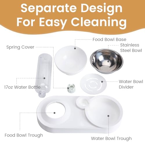 2 in 1 Elevated Dog Cat Bowls, 15°Tilted Pets Water and Food Bowl Set, Pet Feeding Bowls with Automatic Water Bottle and Feeding Mat for Kittens and Small Dogs, White - Image 3