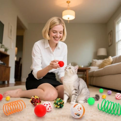 Nicunom 100 Pcs Cat Toys for Indoor Cats and Kittens - Spring, Fur Mice, Crinkle Ball, Sparkle Pom Pom Ball, Bell, Catnip Rope, Variety Cat Interactive Toy Set - Image 5