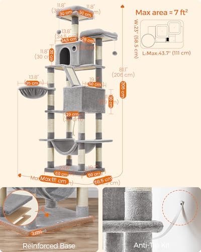 Feandrea Cat Tree, 81.1-Inch Large Cat Tower, Multi-Level Condo, Light Gray - Image 5