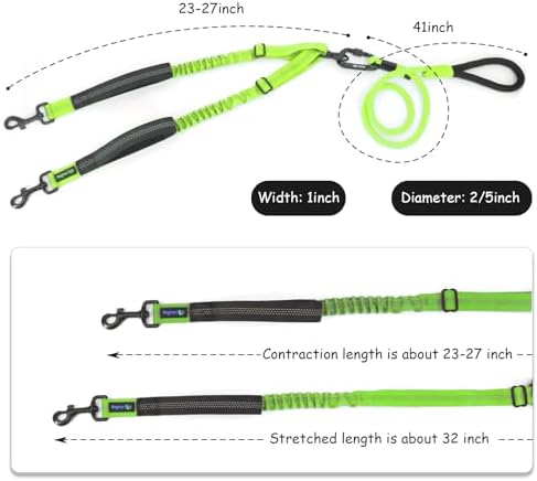 Double Dog Leash No Tangle – Dual Dog Leash for 2 Dogs with Shock Absorbing Bungee, 360° Swivel, Reflective Safety, Heavy Duty for Medium & Large Dogs (Neon Green) - Image 3