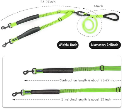 Double Dog Leash No Tangle – Dual Dog Leash for 2 Dogs with Shock Absorbing Bungee, 360° Swivel, Reflective Safety, Heavy Duty for Medium & Large Dogs (Neon Green) - Image 3