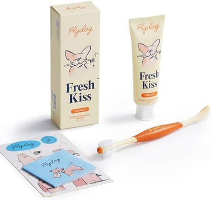FlyDog Fresh Kiss Dog Tooth Brushing Kit, Enzymatic Dog Toothbrush and Toothpaste- Vet Approved Formula, Breath Freshener & Tartar Remover, 360° Toothbrush for All Round Cleaning (Coconut Oil) by FlydogPremiumPetCare