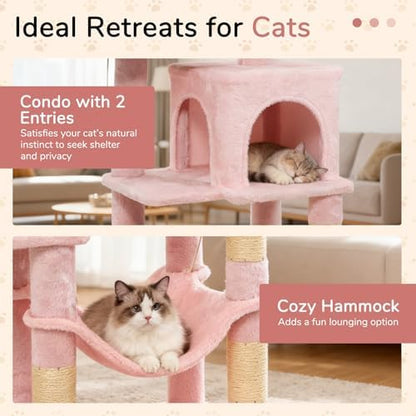 DORTALA Cat Tree for Indoor Cats, 44" Modern Cat Tower with Top Perch, Condo, Hammock, Sisal Scratching Posts, Dangling Balls, Platforms, Multi-Level Pet Climbing Furniture Playground (Pink) - Image 3