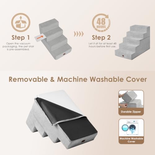 EHEYCIGA Dog Stairs for Bed 22.5"H, 5-Step Extra Wide Dog Steps, Light Grey - Image 6