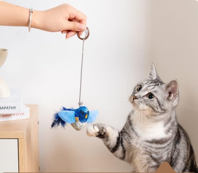 Cat Bird Toy Real Feather Catnip Squeaky Teaser Hanging Bird Toy(Brown) - Image 5
