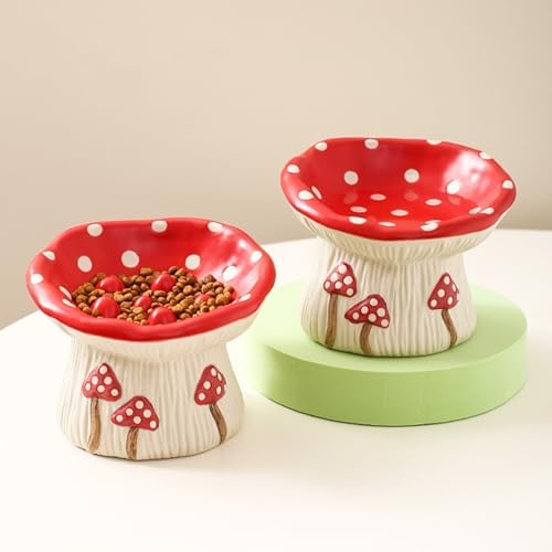 Elevated Ceramic Cat Bowls for Food & Water, Red Mushroom Cats Bowl with protruding Feet, Raised Height for Cats, Whisker Fatigue Shallow Food Dish - Image 5