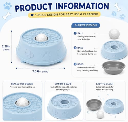 Slow Feeder Dog Bowls，Dog Lick Bowl with Rolling Ball,Interactive Dog Licking Toy & Dog Enrichment Toys, Dog Lick Ball Bowl for Wet Food，Non-Slip Design(Blue) - Image 3