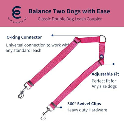 Blueberry Pet Essentials Durable Classic Double Dog Leash Coupler, French Pink, Small, Dual Walking & Training Leashes for Two Dogs - Image 2