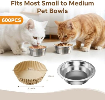 600 Pack Disposable Cat Bowl Liners with 2 Stainless Steel Bowls - Image 2