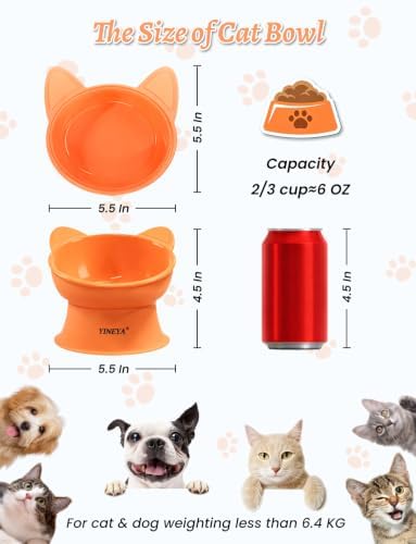 YINEYA Elevated Cat Bowls 2 Pcs, Cat Food Bowl to Protect Neck & Anti-Vomit, Whisker-Friendly Raised Food and Water Bowls Set for Indoor Cats/Small Dogs, Cute Pet Feeding Bowl 6 OZ Each, Orange&Green - Image 4