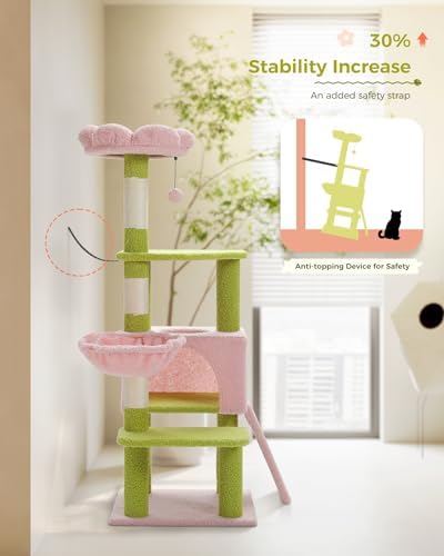 MUTTROS Flower Cat Tree 47.2" Multi-Level Cat Tower with Sisal Covered Scratching Posts, Cute Cat Condo for Indoor Small Medium Cats, Pink Top Perch, Fluffy Ball, Pink - Image 5