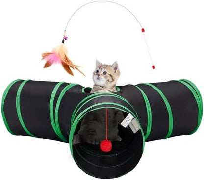 Tempcore Cat Tunnel, 3-Way Collapsible Toy for Indoor Cats, Black & Green by Tempcore