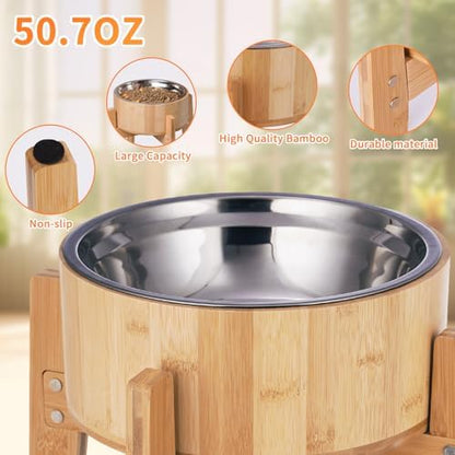 Elevated Dog Bowls for Large Dogs Feeder Two Bowls with a Stainless Steel and Bamboo Dishes，Raised Dog Bowl Stand with Non-Slip Feet，Ideal for Medium and Large Breeds， (13.5-inch High) - Image 4