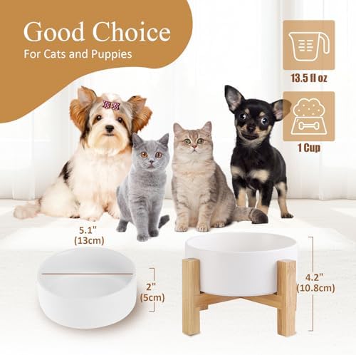 Elevated Ceramic Cat Bowl - Cat Food Bowl with Bamboo Stand - Raised Dog Dish for Puppies - Anti Vomiting, Stress Free - 13.5 oz / 400 ml - White - Image 2