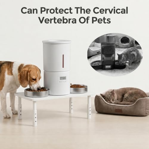 Raised Automatic Cat Feeder Stand for Double Bowl Feeders, Carbon Steel 14.57 x 9.25 in, 3 Adjustable Heights 4.13-5.71 in, Non-Slip, Fits Feeders & Water Dispensers, No-Drill (White) - Image 6