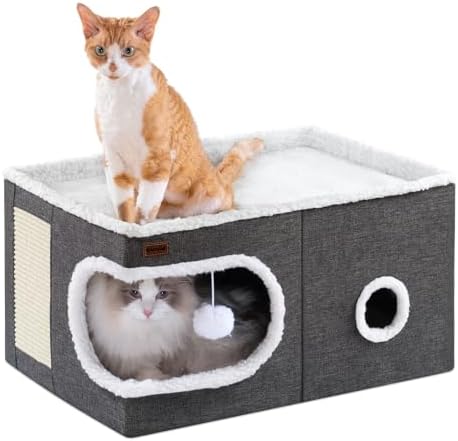 Garnpet Cat Bed for Indoor Cats Cube House, Covered Cat Cave Beds & Furniture with Scratch Pad and Hideaway Tent, Cute Modern Cat Condo for Multi Small Pet Large Kitten Kitty, Large, Dark Grey by Garnpet