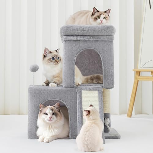Woochpet 24inch Tall Cat Tree with 2 Cat Condo and Mouse Toy Cozy Small Cat Tower with Scratching Post and Board for Kitties and Small Cats.（Light Grey） (22 * 13 * 28) - Image 2