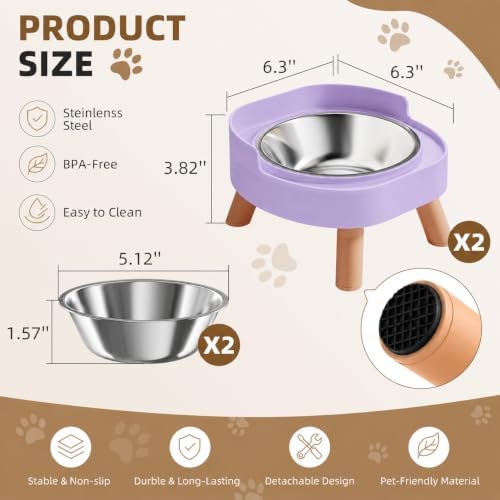 Elevated Cat Bowls, 2P Raised Cat Food and Water Bowl Set for Indoor Cats, Splash Proof with 2 Stainless Steel Food Bowls for Cats ＆ Puppies, Whisker Friendly and Dishwasher Safe - Purple - Image 6
