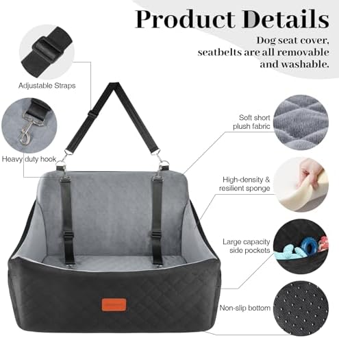 Wooaidagg Dog Car Seat for Medium & Large Dogs Up to 55lbs, Memory Foam Cushion, Washable Cover, Safety Straps & Non-Slip Base(Black/Grey,Large) - Image 2