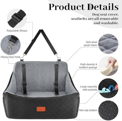 Wooaidagg Dog Car Seat for Medium & Large Dogs Up to 55lbs, Memory Foam Cushion, Washable Cover, Safety Straps & Non-Slip Base(Black/Grey,Large) - Image 2