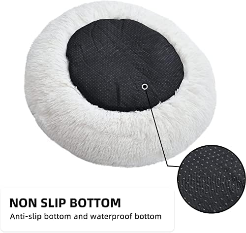 White Faux Fur Cat & Dog Beds 20 inches - Washable Dog Beds for Small Medium Dogs, Anti-Anxiety, Round Plush, Fluffy Thick Bottom - Image 6