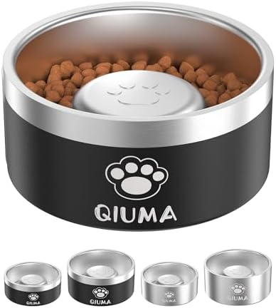Qiuma Slow Feeder Dog Bowls Stainless Steel, Food-Grade 304 Dog Slow Feeder Bowl 3.5 Cups Capacity, Heavy Duty Double-Layer with Non-Slip Base, Pet Puzzle Bowl for Medium & Large Dogs (Black) by Unknown
