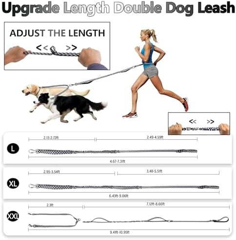 Roses&Poetry Hands Free Double Dog Leash for Two Dogs, 9-11ft Adjustable Bungee Walking Waist Lead, Dual Dog Leash with Tangle-Free Swivel for Medium Large Dogs Heavy Duty Running(Blackwhite) - Image 2