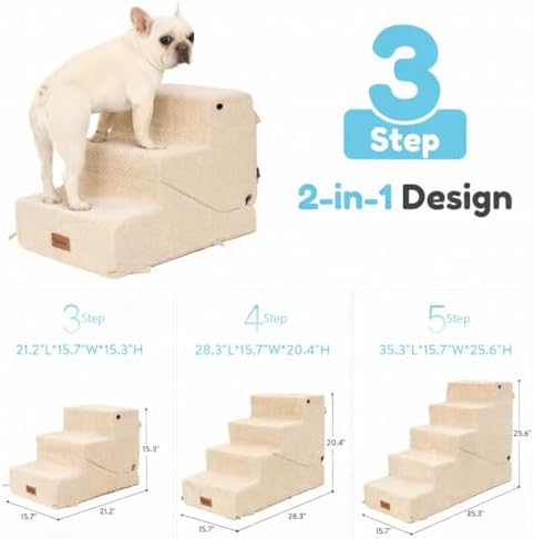 3-Step Dog Stair and Ramp for Small Dogs and Cats, Pet Steps for Sofa and Couch with Non-Slip Bottom, Beige - Image 2