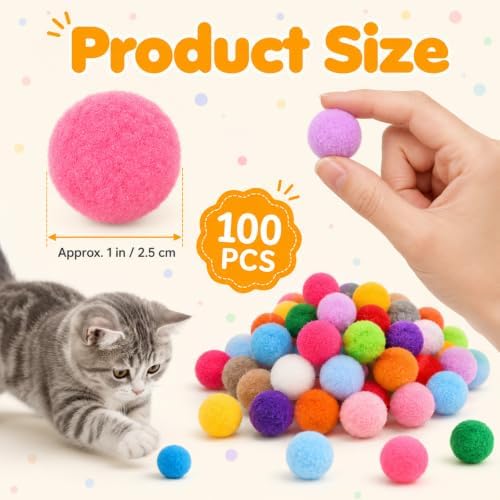 100 Pcs Cat Pom Pom Balls, 1 Inch Colorful Cat Toy Balls - Image 2