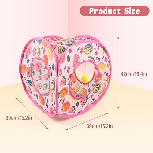 Andiker Small Cat Tents for Indoor Cats, Summer Fruit Patten 15" Foldable Cat Tube with 1 Plush Ball and 3 Holes Kitten Hide-and-Seek Toy to Relieve Boredom Also for Kitten Rabbits (Pink) - Image 2