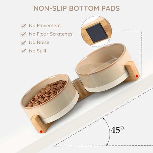 SPUNKYJUNKY Ceramic Dog and Cat Bowl Set with Wooden Stand, Modern Cute Weighted Food Water Bowl Set for Small Size Dogs (1.7 Cups, 2 × Pattern Brown) - Image 6