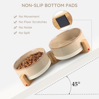 SPUNKYJUNKY Ceramic Dog and Cat Bowl Set with Wooden Stand, Modern Cute Weighted Food Water Bowl Set for Small Size Dogs (1.7 Cups, 2 × Pattern Brown) - Image 6