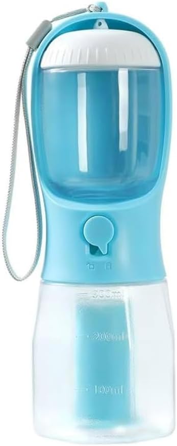 Three-in-One Pet Water Bottle and Food Container, Blue, Leak-Proof Design with Waste Bag Dispenser, 300ml Water, 100g Food Capacity (Blue)