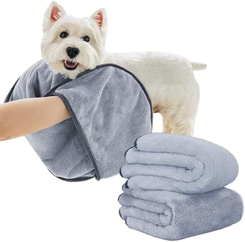 Dog Towels for Drying Dogs Small Medium Large, 2 Pack Dog Cat Drying Bath Towel 30.3"x13.8" with Hand Pocket,Absorbent Pet Towel for Dog Cat Grey by KUEIOX