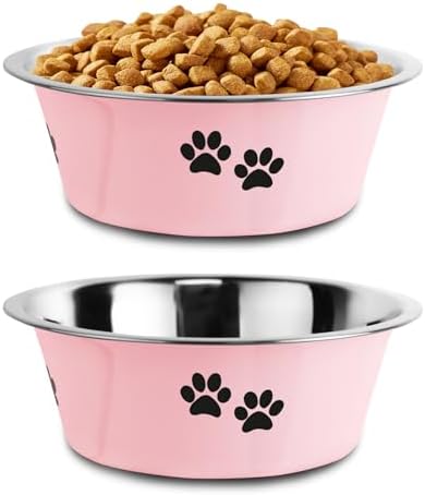 Stainless Steel Dog Bowls, Nonslip Rubber Bottom No Spill Proof Skid Metal Insulated Dog Bowls for Large Medium Small Breed Dogs (Pink, 3.6 Cups/29 OZ) by SOUXU