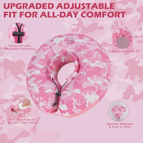 IEUUMLER Inflatable Recovery Dog Cone Collar, Neck Donut Protective ECollar, Adjustable Soft Collar for Dog and Cat After Surgery Prevent from Biting & Licking EU020 Pink Camo L+ - Image 2
