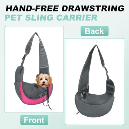 Dog Sling Carrier for Small Pet Up to 13.2 lbs Hand-Free Drawstring Pet Sling Carrier with Safety Hook & Adjustable Strap, (Rose Red, 1 Pcs) Intended for Hiking and Camping - Image 4