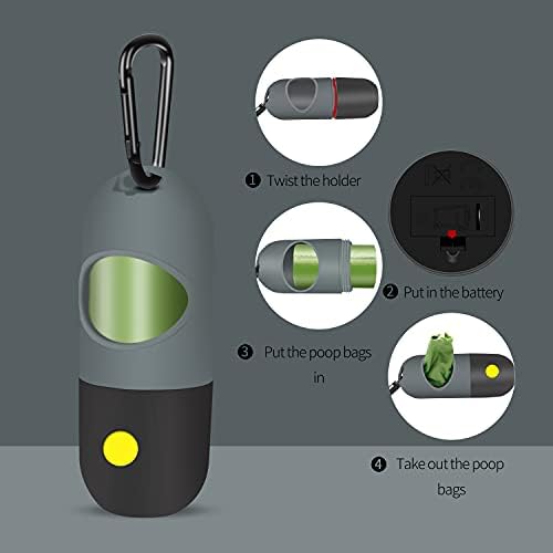2 Pack Dog Poop Bag Dispenser with Built-in LED Flashlight, Pet Waste Bag Holder for Leash with Carabiner Clip for Lead Leash, 2 Rolls Leak-proof Doggy Waste Bags for Dog Walking, Grey - Image 4