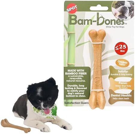 SPOT Bam-Bones Bone - Made with Strong Bamboo Fiber, Durable Long Lasting Dog Chew for Light to Moderate Chewers, Great Toy for Adult Dogs & Teething Puppies under 25lbs, 5.75in, Chicken Flavor by SPOT