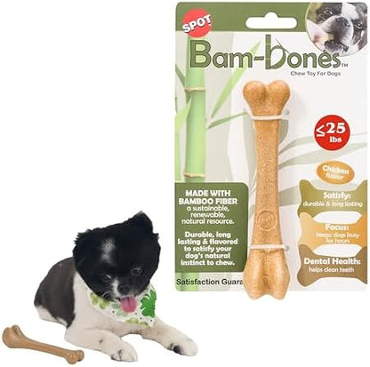 SPOT Bam-Bones Bone - Made with Strong Bamboo Fiber, Durable Long Lasting Dog Chew for Light to Moderate Chewers, Great Toy for Adult Dogs & Teething Puppies under 25lbs, 5.75in, Chicken Flavor by SPOT