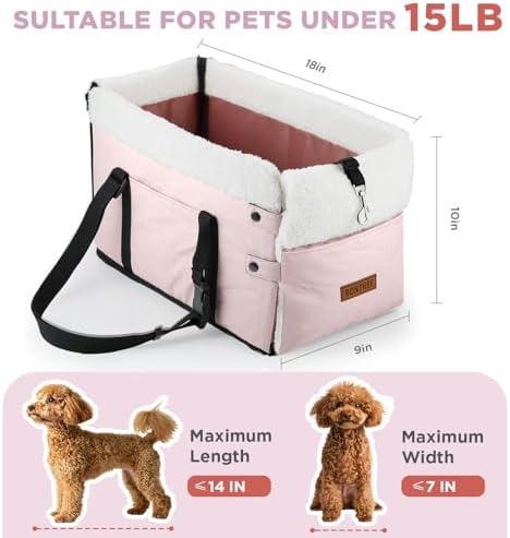 Center Console Dog Car Seat for Small Dogs,PU Leather Small Dog Car Booster Seat,Washable Foldable with Safe Protection Hooks Adjustable Straps and Storage Pocket Pet Up to 15lbs-Pink - Image 2