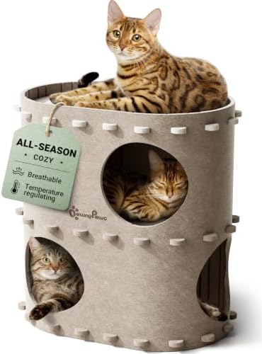 DownyPaws Cat House for Indoor Cats, 2-Storey Cat Bed Cave, Cream by DownyPaws