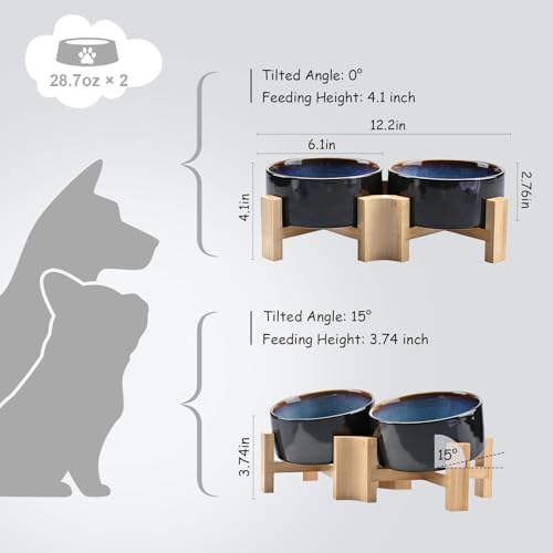 SPUNKYJUNKY 15° Slanted Ceramic Dog and Cat Bowl with Wooden Stand, Tilted Bulldog Food and Water Bowl No Slip Non-Spill for Cats Medium Dogs Big Face Pets 28.7 OZ (3.6 Cups, Starry Blue × 2) - Image 3