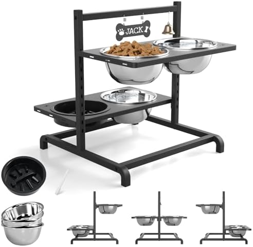 SHAINFUN Elevated Dog Bowl Stand with 4 Stainless Steel Bowls (58oz) & 1 Slow Feeder, 9 Height Adjustable Raised Dog Bowl from 4.9" to 14.5" for Large Dogs & Multi-Pet Homes by SHAINFUN