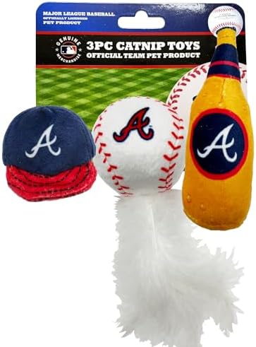 BEST PLUSH CAT TOY - MLB ATLANTA BRAVES Complete Set of 3 piece Cat Toys filed with Fresh Catnip. Incld: 1 Baseball Cap Cat Toy, 1 Baseball Cat Toy with Feathers, & 1 Beer Bottle. Beautiful Team LOGOS by PETSFIRST